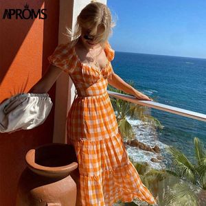 Aproms Elegant Orange Plaid Long Maxi Cotton Dress Women 2021 Summer Backless Tie Up Basic A-line Dresses High Fashion Sundress Y0726