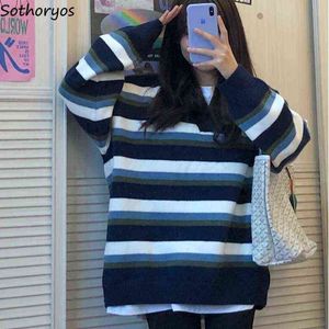 Women Winter Pullover V-neck Student Korean-style Baggy Sweater Striped Paneled Knitted Outwear Soft Warm Cozy Jumper Ulzzang Y1110