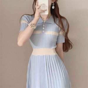 Korean Chic Summer Temperament Gentle Lapel Pit Design Color Matching Slim Short Sleeve Knitted Dress 210529