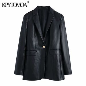 KPYTOMOA Женщины Мода с металлической кнопкой Искусственная кожа Blazer Parting Урожай с длинным рукавом назад вентиляционная женская верхняя одежда CHIC Viste 211019