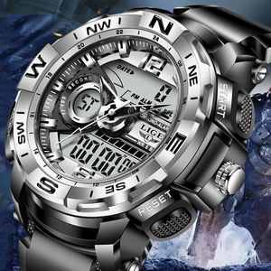 Wristwatches LIGE Sport Men Quartz Digital Watch Creative Diving Watches Waterproof Alarm Dual Display Clock Relogio Masculino+Box