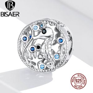 Bisaer Sea Horse Beads 925 Sterling Silver Azul Zircon Seahorse Rodada Encantos Fit DIY Pulseira Colar Pingente Para As Mulheres EFC266 Q0531