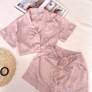 Rosa leopard pyjama pour femme hem kostym sommar pyjamas med shorts sömn toppar + byxor pijama loungewear 2 stycke set kvinnor 210831