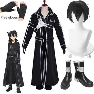 Anime Kirigaya Kazuto Costumi Cosplay Sword Art Online Kirito Scarpe Alicization Parrucche Stivali Set uniforme Adulto Unisex Y0903