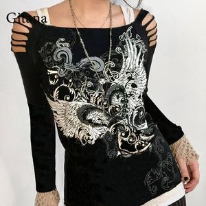 Kvinnors T-shirt Gitana Goth Printed Women T-shirts 2021 Cut Out Shoulder Långärmad Tee Fairy Grunge Punk Bodycon Topps Mode Vintage Clot