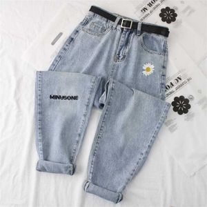 Daisy Stickerei Denim Jean Women High Taille Jeans Plus Size Denim Harem Hosen Mujer Vintage Casual Jeans Straight Women Pant 211104