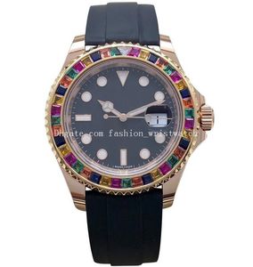 Herrklockor 116695 40mm Mechanical Rainbow Diamond Ny Real Photo Black Rubber Strap Rose Gold Steel Bezel armbandsur