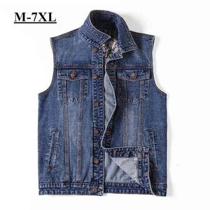 Plus size 5xl 6xl 7xl marca militar denim colete homens ao ar livre algodão multi bolso sem mangas jean jaqueta tactical waistcoat casaco 210925