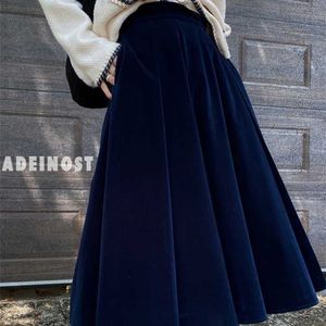 Tigena Vintage Velvet Midi Long Kjol Kvinnor Fall Vinter Elegant All-Match Solid En Linje Hög Midja Mid-Length Kjol Kvinna 211217