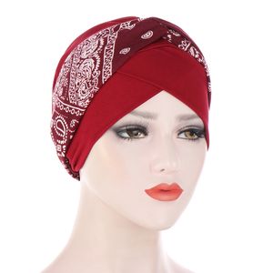 Kors Fronthead Braids Turban Hat Flower Muslim Print Hijab Scarf Kvinna Head Wraps Islam Headwear India Hat Chemo Caps