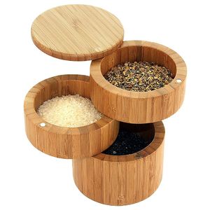 Bamboo Triple Salt Box Three Tier Salt and Pepper Container with Magnetic Swivel Lid Kitchen Tools