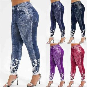 Bahar Mavi Bayanlar Kore Tarzı Slim Fit Streç Sahte Kot Tozluk Yüksek Bel Baskı Sıska Jeggings Kadınlar Için Artı Boyutu 210604