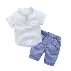 Sommar 3-12 år Teenage Big Kids Bomull Boys Short Sleeve Striped Shirt + Knä längd Byxor Shorts 2 st Formell Suits Set 210529