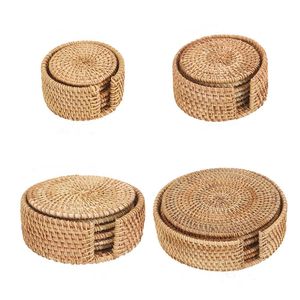 6 pezzi / set tappetini fatti a mano in rattan intrecciato naturale sottobicchieri piastra resistente al calore in vimini per tazze da tè rotonde pentole padelle sottobicchiere antiscivolo con supporto WLL1158