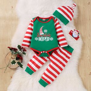Yeni Yıl Kostüm Bebek Erkek Giysileri Set Xmas Mektup Baskı Bodysuit Çizgili Pantolon ve Şapka 3 adet Bebek Noel Kıyafet 1- 2 Yıl G1023