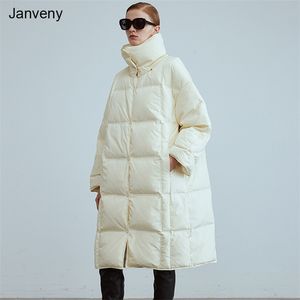 Janveny Piumino lungo da donna Inverno Fluffy 90% Piumino d'anatra bianco Cappotto con risvolto Cerniera Piuma femminile Abbigliamento 211216