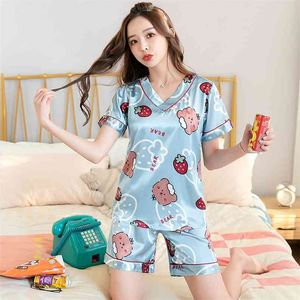 Pijamas de gelo de seda de verão feminino bonito japonês japonês de mangas curtas pulôver v-pescoço fino seção pijamas mulheres sleepwear 210830