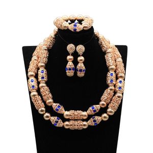 Серьги Ожерелье Royal Blue Zircon Женщины Костюм Африканский Свадебный Ювелирные Изделия Комплект Двойные Слои Дубай Золотой Медный Сплав Bridal ABG28