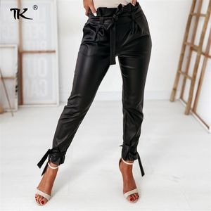 Women Black PU Leather Pants High Waist Sashes Lace Up Streetwear Trousers Female Office Lady Elegant Autumn Winter Pant 211115