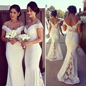 Saf Beyaz Gelinlik Modelleri Şifon Kapalı Omuz Dantel Aplike Kat Uzunluk Onur Hizmetçi Abiye giyim Düğün Parti Elbise Özel