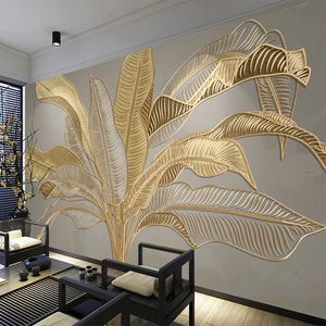 Papel de parede personalizado 3d estéreo Dourado Relevo Banana Folha Mural Sala de estar Tv Sofá Estudo Arte abstrata pintura de parede 3d fresco