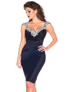 New Sexy Short Cocktail Dresses Cap Sleeve Scoop Neck Crystals Beadings Satin Sheath 2021 Party Gowns Custom Made273q
