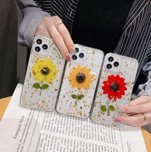 Custodie morbide in TPU con lamina pressata essiccata a girasole reale per Iphone 12 Pro MAX Mini 11 XR XS X 8 7 6 Plus Cover posteriore con paillettes di coriandoli di fiori di moda