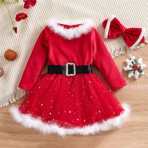 Little Girls Long Sleeve Dress Christmas Red Velvet Mesh Yarn Stitching A-line with Headband Xmas Feather Neck es 220106