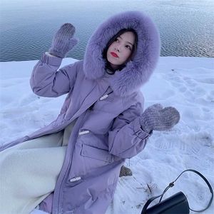horn buckle winter jacket ladies warm and thick down pure cotton large fur collar long parka coat women loose 211013