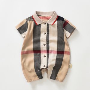 Bebis Pojkar Rutig Romper Småbarn Barn Rutigt Lapel Enkelknäppta Kortärmade Jumpsuits Designer Spädbarn Onesie Nyfödd Fritidskläder