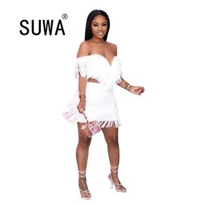 Sexy Party Women White Tassel Two Piece Set Ladies Slash Neck Off Shoulder Backless Crop Tops Hög midja Mini Bodycon Kjolar 210525