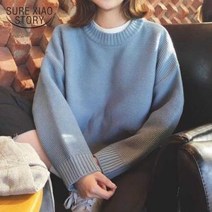 Loose Sweet Solid College College-Style Stickade Jumper Toppar Vinter Långärmad Bottom Sweater Kvinnor Pullover Pull Femme 11634 210528