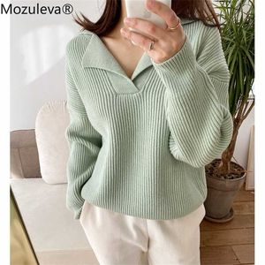 Mozuleva Casual Casual Loose Turn-Down Collar Kobiety Dzianiny Bluzy Jesień Pełny Rękaw Kobiecy Solidne Swetry Swetry 211011