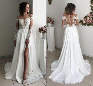 Plus Size Boho Wedding Dresses Long Sleeves Sheer Neck Appliques Chiffon Side Split Bridal Dresses Sexy Beach Bohemian Wedding Gowns