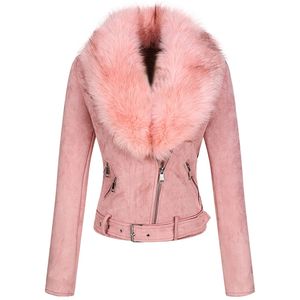 Giolshonの冬の女性の厚い暖かいフェイクスエードジャケットコートベルトの取り外し可能なフェイクの毛皮の襟革のジャケットを凌駕211110