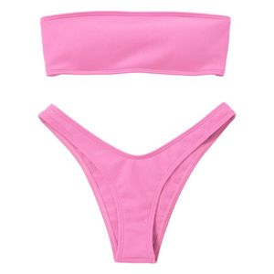 Bikinis Set Ribbed High Cut Bandeau Bikini 2021 Women Strapless Off Shoulder Push Up Padded Swimwear Female Pink Biquini