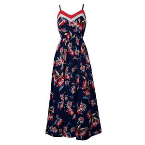 Być może pasek bez rękawów V Neck Floral Flower Print Fit and Flare Pleat Maxi Long Dress Blue Summer Beach Elegant D0393 210529