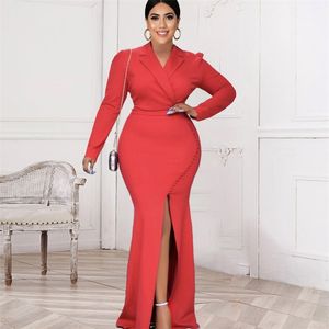 Maxi abito donna festa di compleanno abiti plus size rosso manica lunga elegante abito perline alta fessura primavera autunno goccia 210527