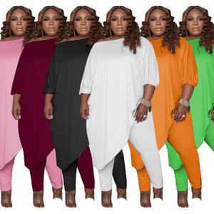 Plus size calça duas peças conjunto mulheres sólidas estilo longo t camisa elástica cintura leggings solto casual roupas