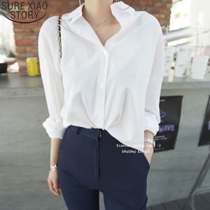 Białe Damskie Topy Bluzki Turn-Down Kołnierz Z Długim Rękawem Koszula i Bluzka Korea Moda Loose Blusas 11274 210417