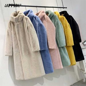 Hooded Faux Fur Coat Women Autumn Winter Casual Loose Long Female Jacket Fur Plush Thick Warm Cotton Lining Outwear Clothes 210927