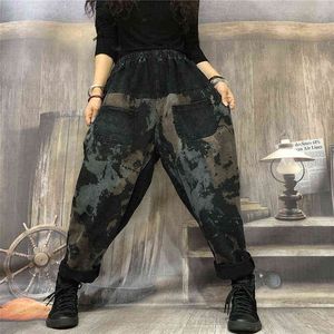 Autunno Arts Style Donna Elastico in vita Jeans casual larghi Giunzione Vintage Stampa Cotton Denim Harem Pants Donna S264 211129