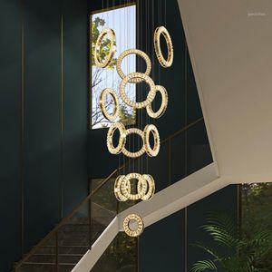 Żyrandole luksusowy kryształowy żyrandol na schody złoto -srebrne dekoracje domu oprawa oświetleniowa długie kreatywne pierścienie jadalnia Lampa kuchenna