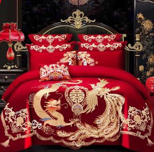 4/6pcs高級Loong Phoenix刺繍赤羽毛布団カバーベッドシートコットン中国風結婚式のベッドカバー寝具セットホームテキスタイルH0913