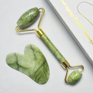 Jade Roller Massager För Ansiktslyft Bantning Massage Naturlig Xiuyan Sten Ansiktsbehandling Gua Sha Skrapverktyg Anti-aging Rynkor Hudvård Skönhet Hälsa Set Box