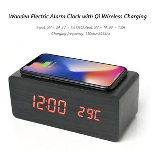 Drewniany LED Digital Alarm Clock Termometr Bezprzewodowa ładowarka z QI Ładowanie Pad Decor Decor stół 210804