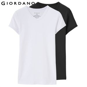 Giordano 2- 팩 짧은 슬리브 v-neck t 남자 최고 브랜드 의류면 티 셔츠 homme 단색 tshirt 210225