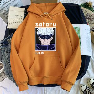 Jujutsu Kaisen White Satoru Gojo Anime Hoodie Loose Fleece Clothing For Male Street Fashion Tracksuit Comfortable Sweatshirt Men Y0804