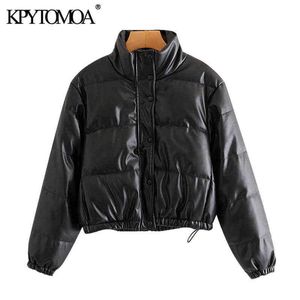 KPYTOMOA Women Fashion Faux Leather Padded Jacket Thick Warm Parka Coat Vintage Long Sleeve Female Outerwear Chic Tops 211118