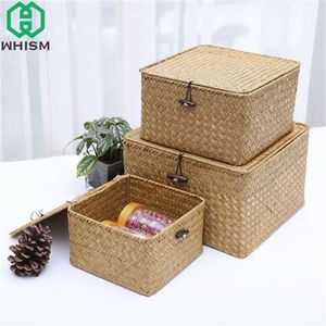 Eco-Friendly Rattan Storage Box Lid Hand-woven Jewelry Box Wicker Makeup Organizer Food Candy Container Boxes Bins for Kids Toys 210315